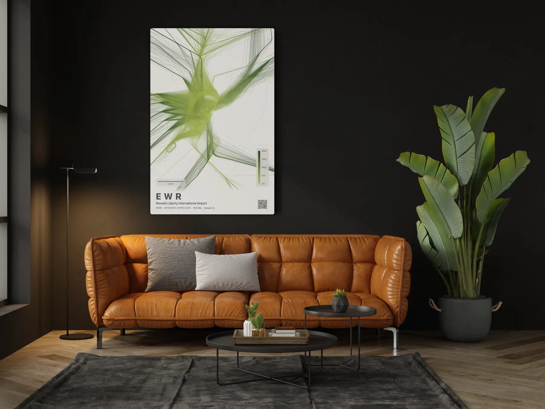 EWR flight path print — Citrus theme · Light in living-room setting [hotspot:46]