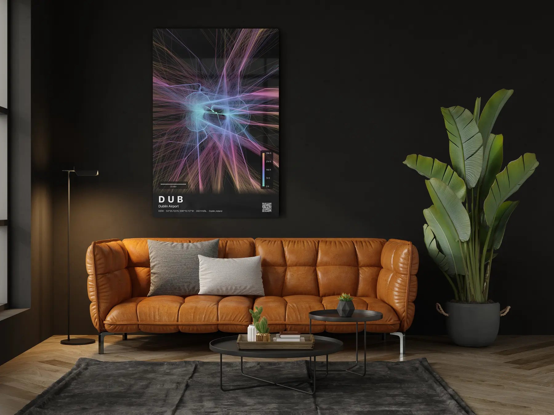 DUB flight path print — Aurora theme · Dark in living-room setting [hotspot:46]