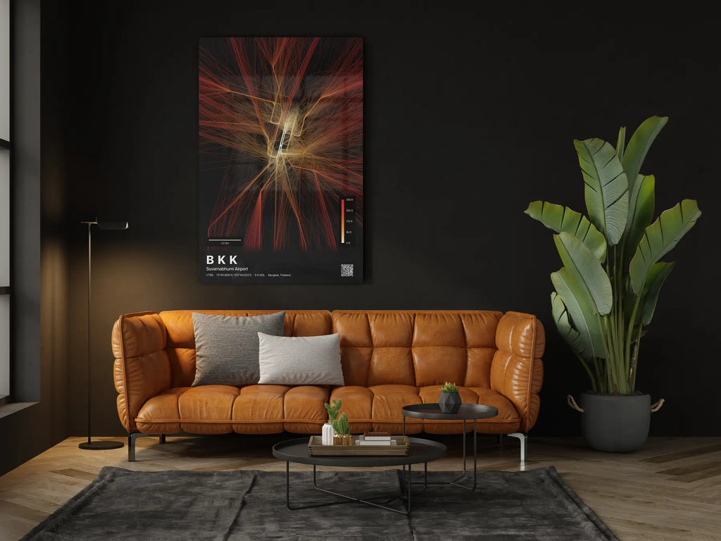 BKK flight path print — Inferno theme · Dark in living-room setting [hotspot:46]