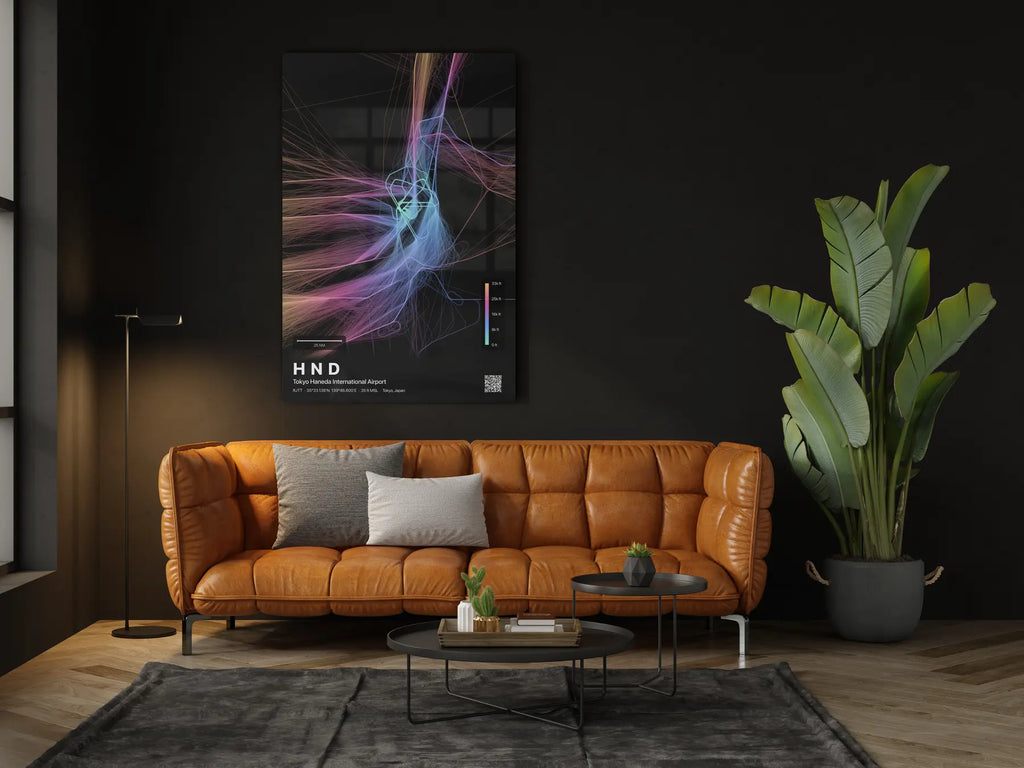 HND flight path print — Aurora theme · Dark in living-room setting [hotspot:46]