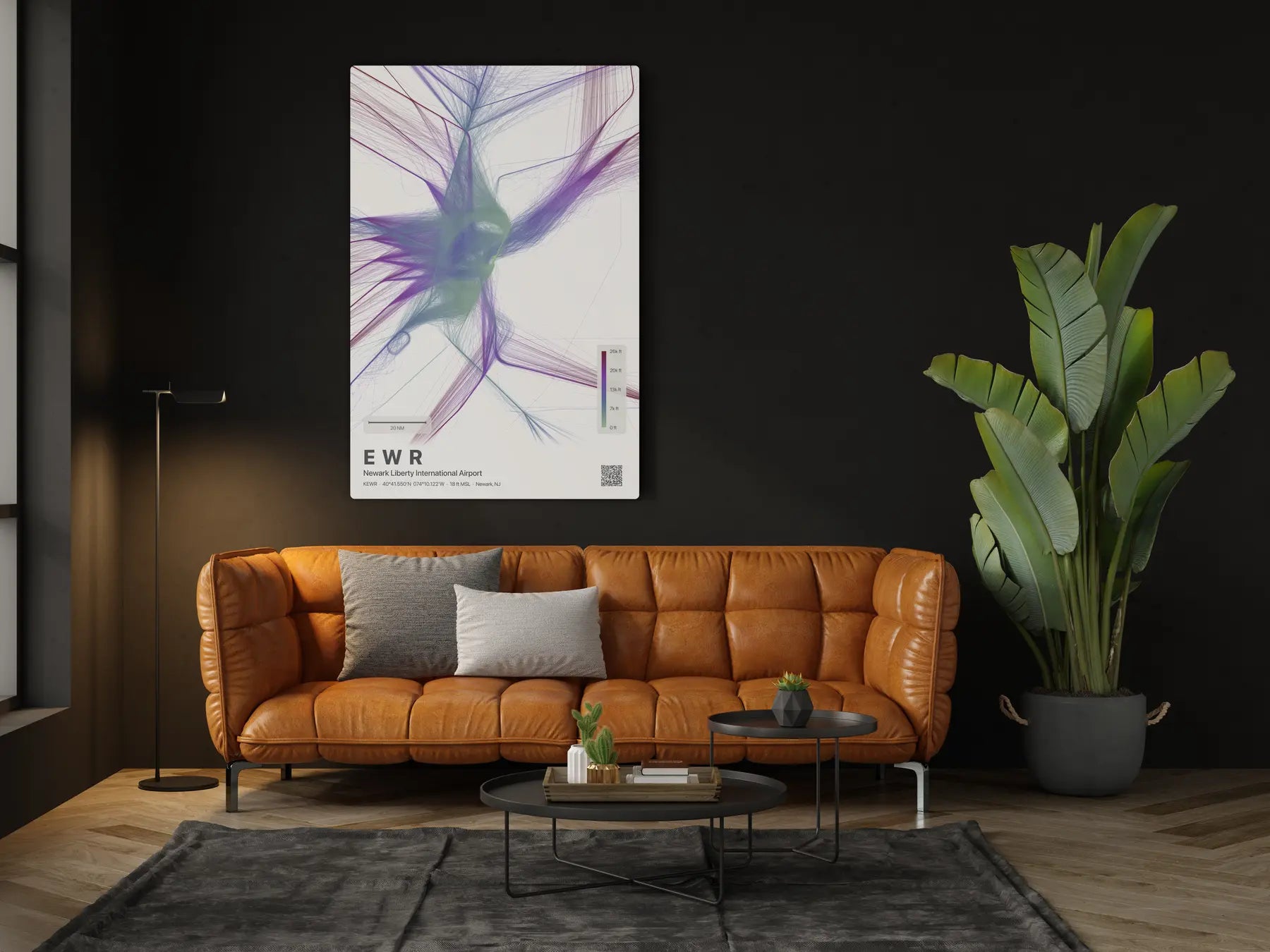 EWR flight path print — Prism theme · Light in living-room setting [hotspot:46]