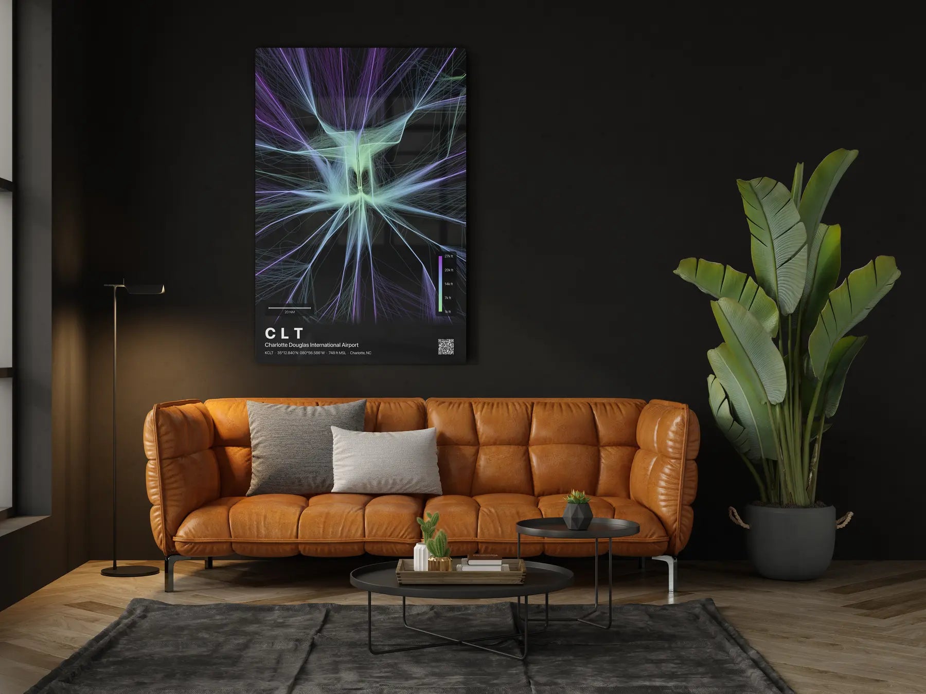 CLT flight path print — Prism theme · Dark in living-room setting [hotspot:46]