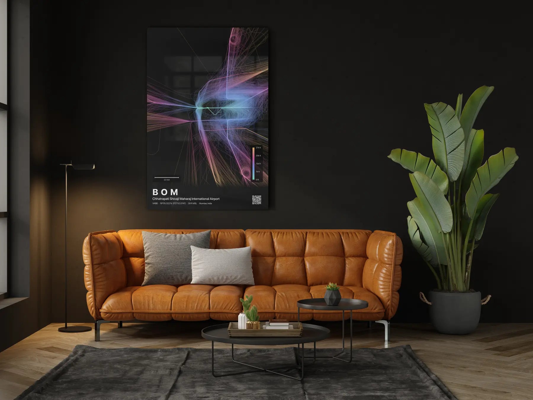BOM flight path print — Aurora theme · Dark in living-room setting [hotspot:46]