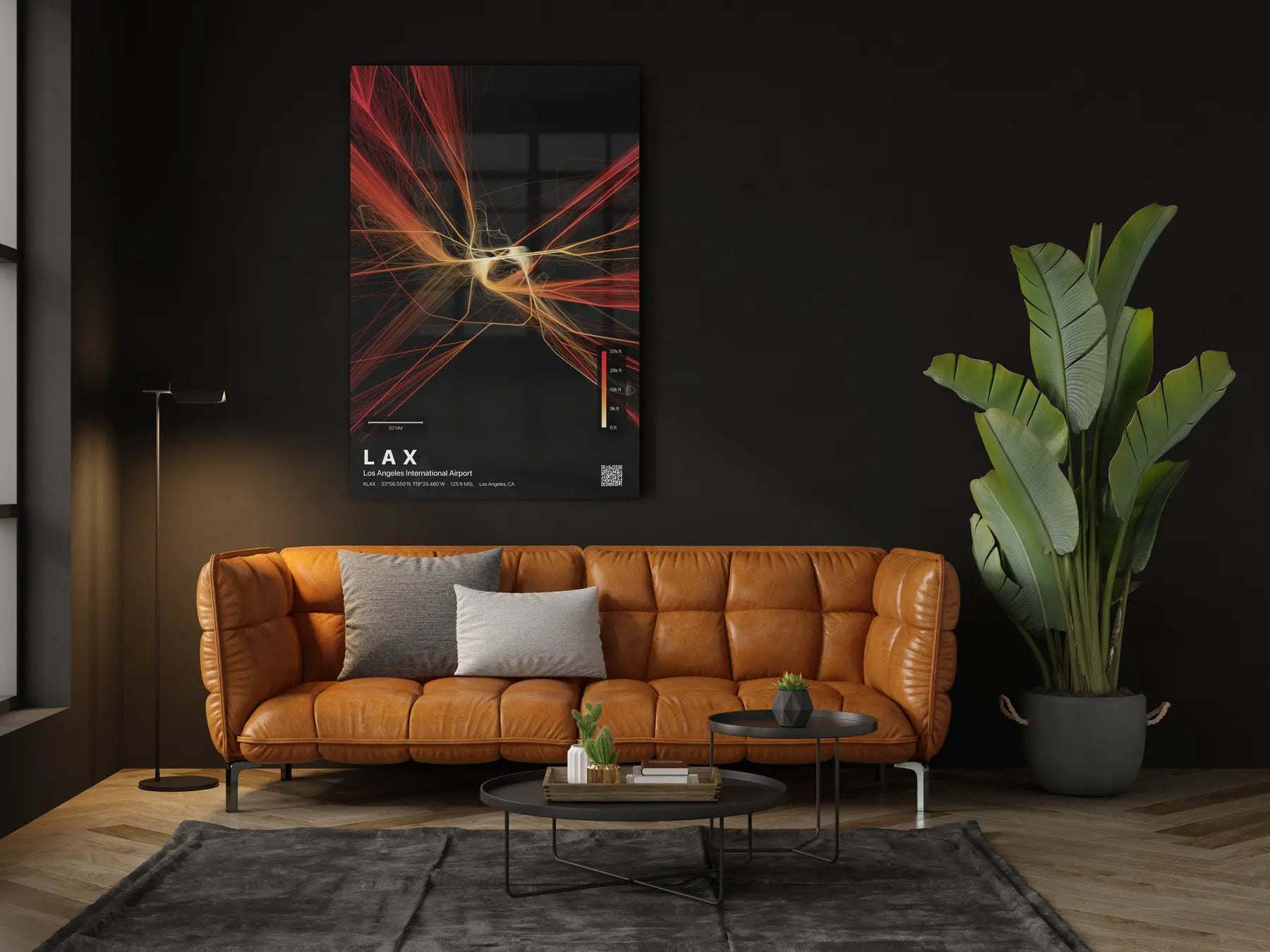 LAX flight path print — Inferno theme · Dark in living-room setting [hotspot:46]