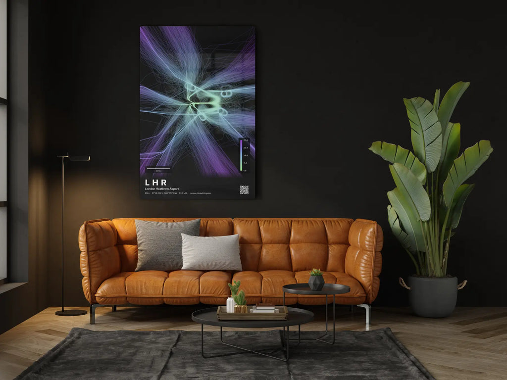 LHR flight path print — Prism theme · Dark in living-room setting [hotspot:46]