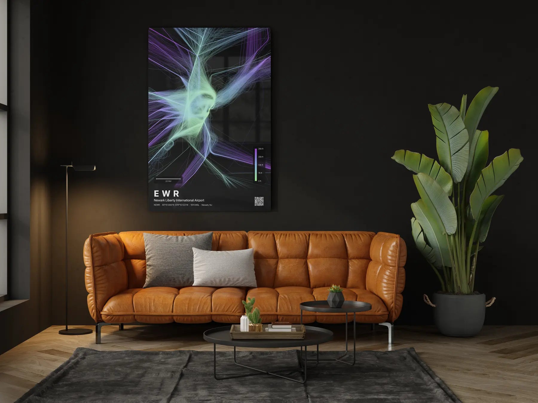 EWR flight path print — Prism theme · Dark in living-room setting [hotspot:46]
