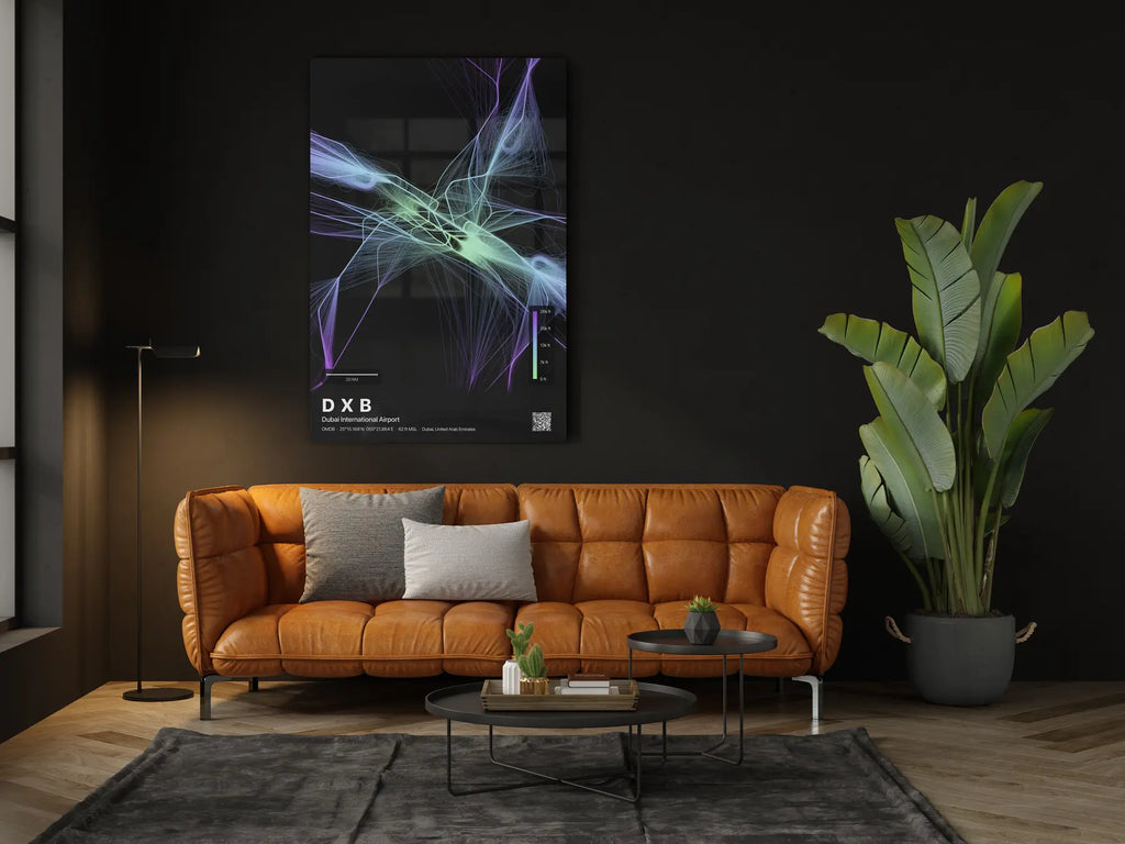 DXB flight path print — Prism theme · Dark in living-room setting [hotspot:46]