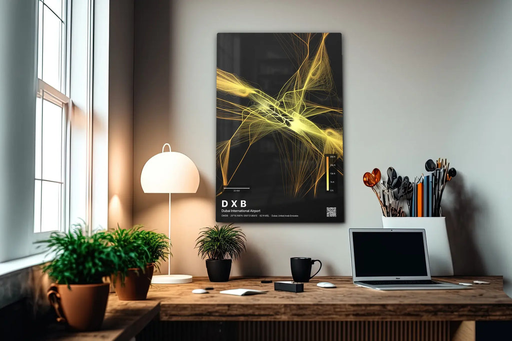 DXB flight path print — Solana theme · Dark in office setting [hotspot:55]