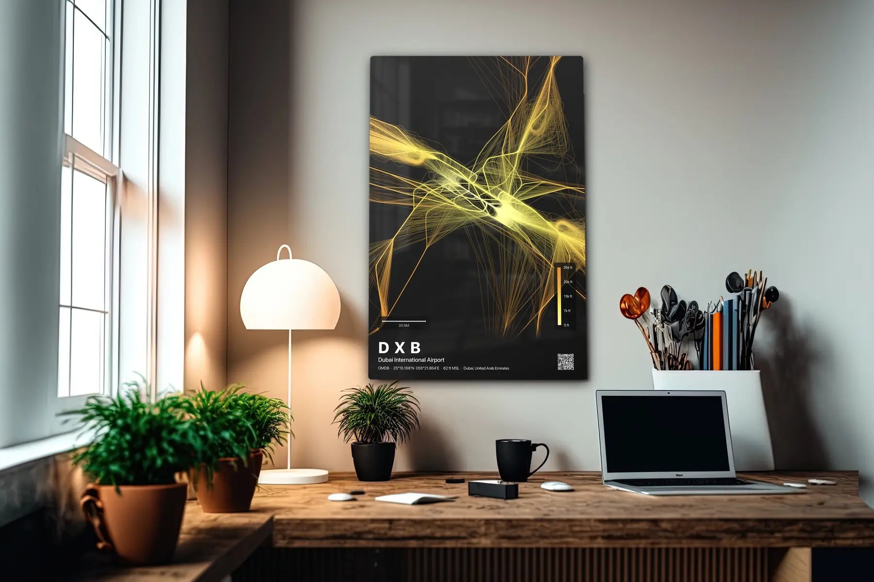 DXB flight path print — Solana theme · Dark in office setting [hotspot:55]
