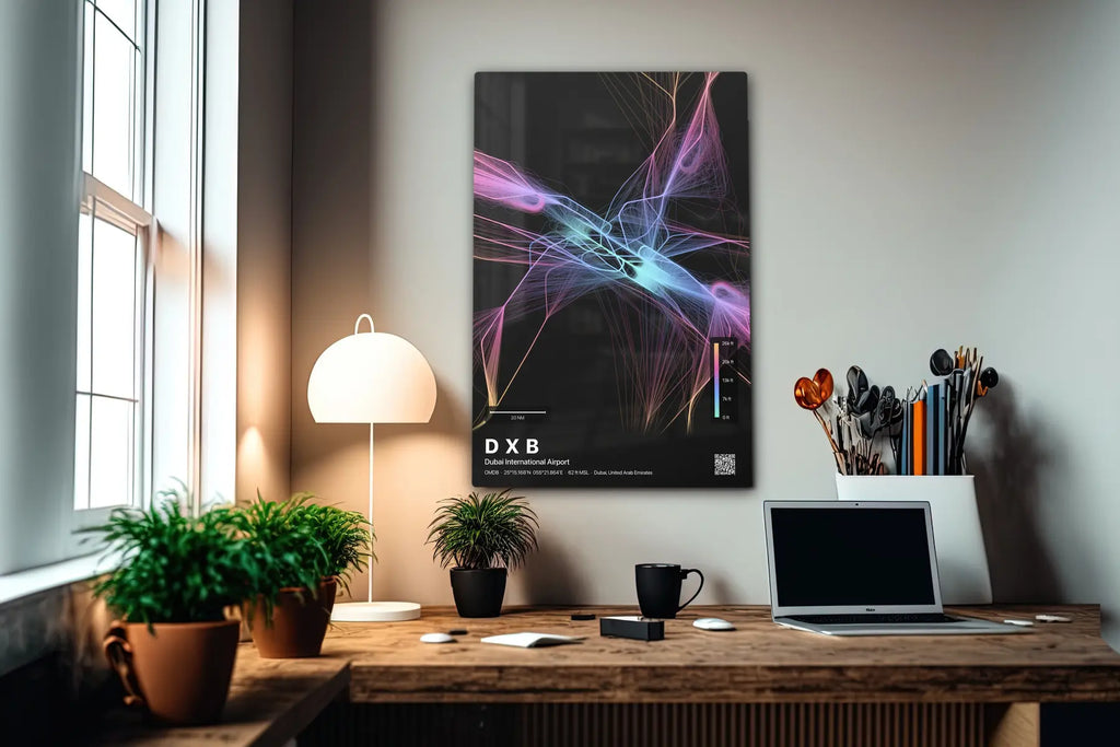 DXB flight path print — Aurora theme · Dark in office setting [hotspot:55]