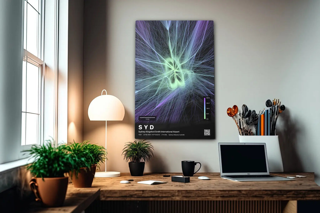 SYD flight path print — Prism theme · Dark in office setting [hotspot:55]
