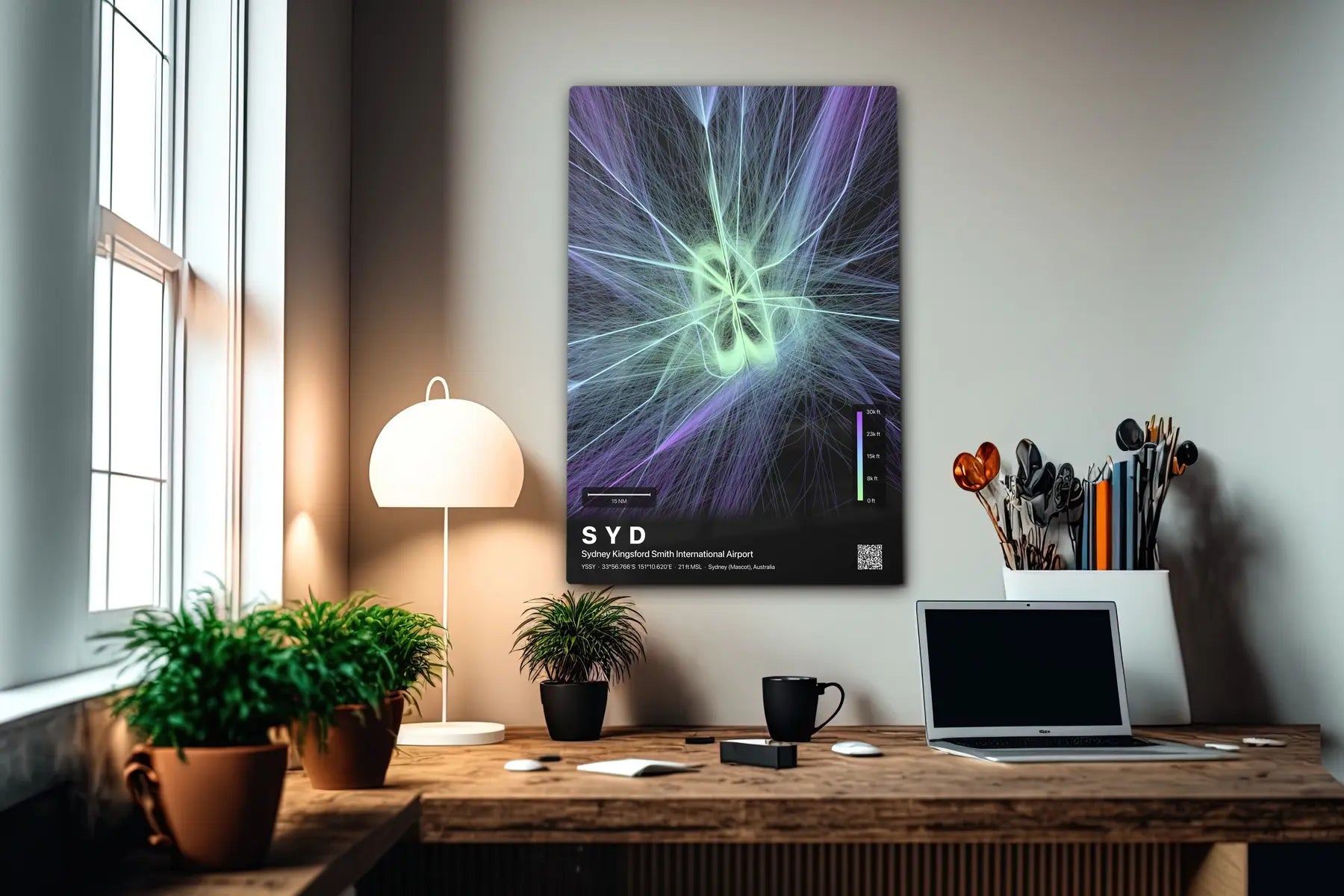 SYD flight path print — Prism theme · Dark in office setting [hotspot:55]
