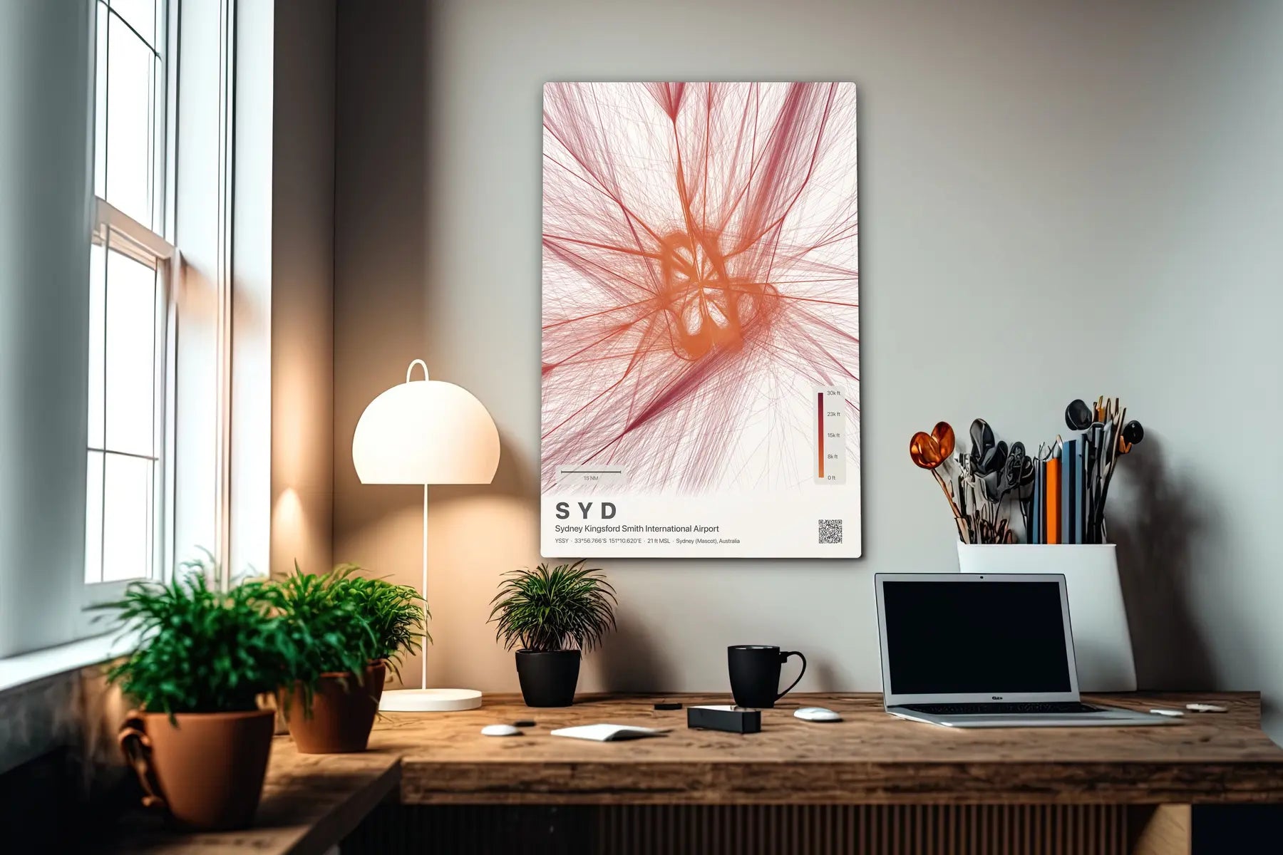 SYD flight path print — Inferno theme · Light in office setting [hotspot:55]