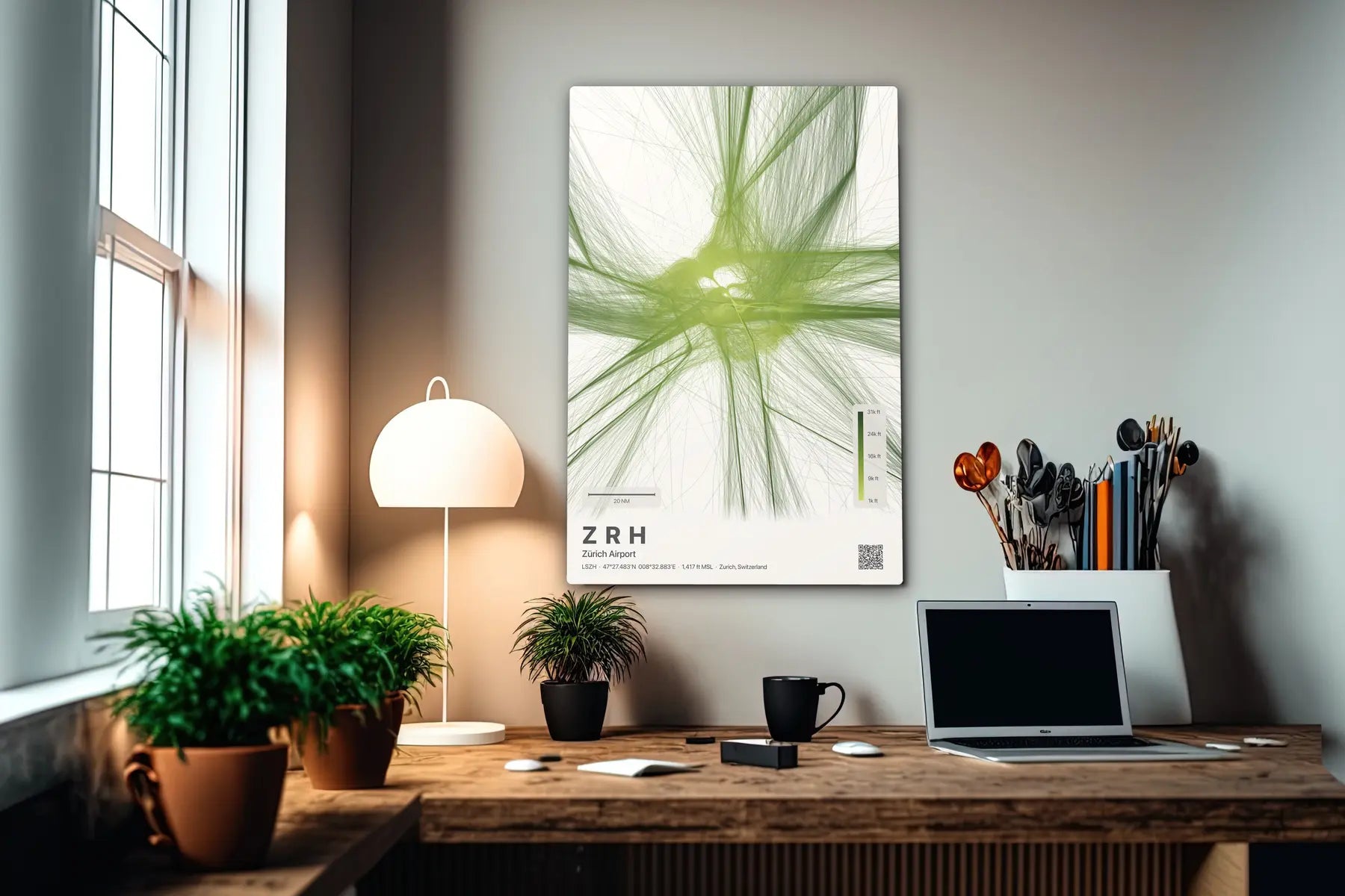 ZRH flight path print — Citrus theme · Light in office setting [hotspot:55]