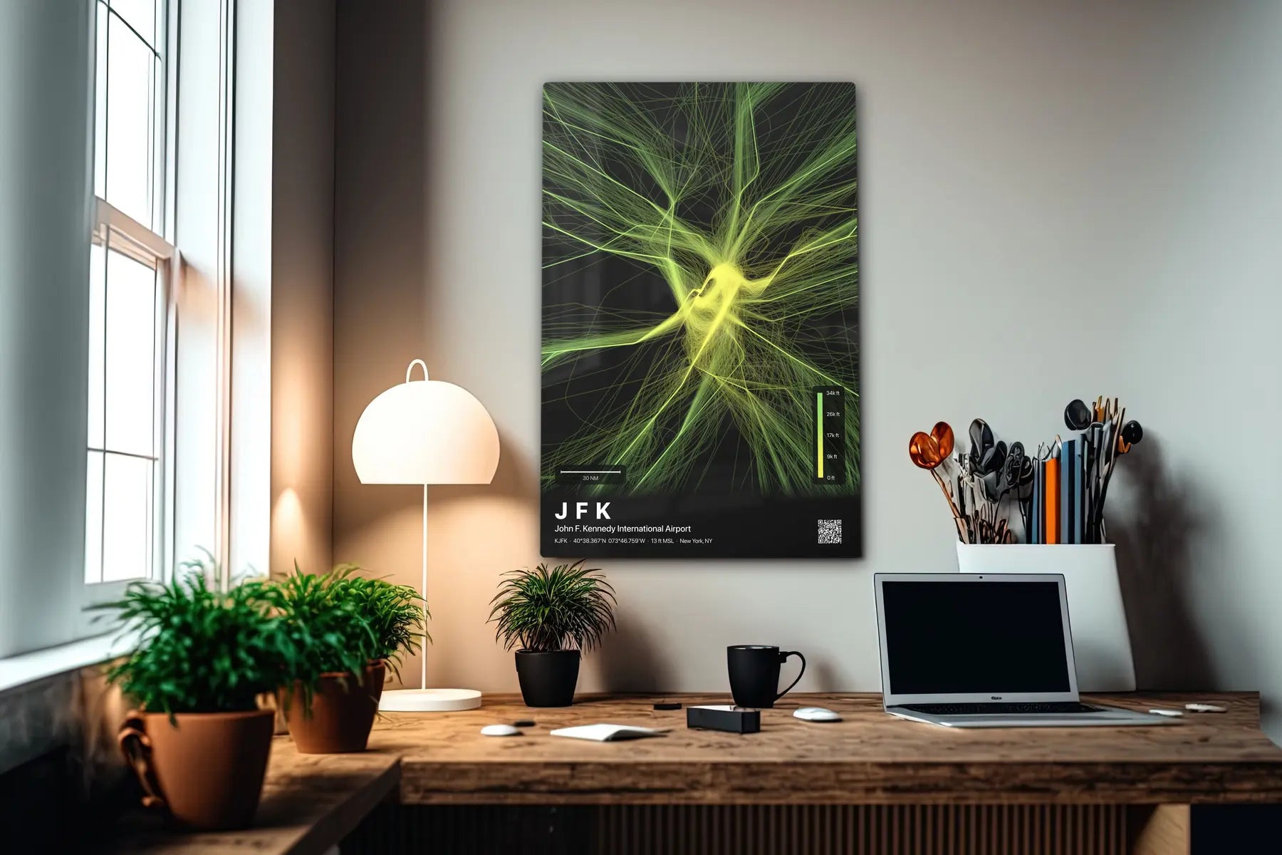 JFK flight path print — Citrus theme · Dark in office setting [hotspot:55]