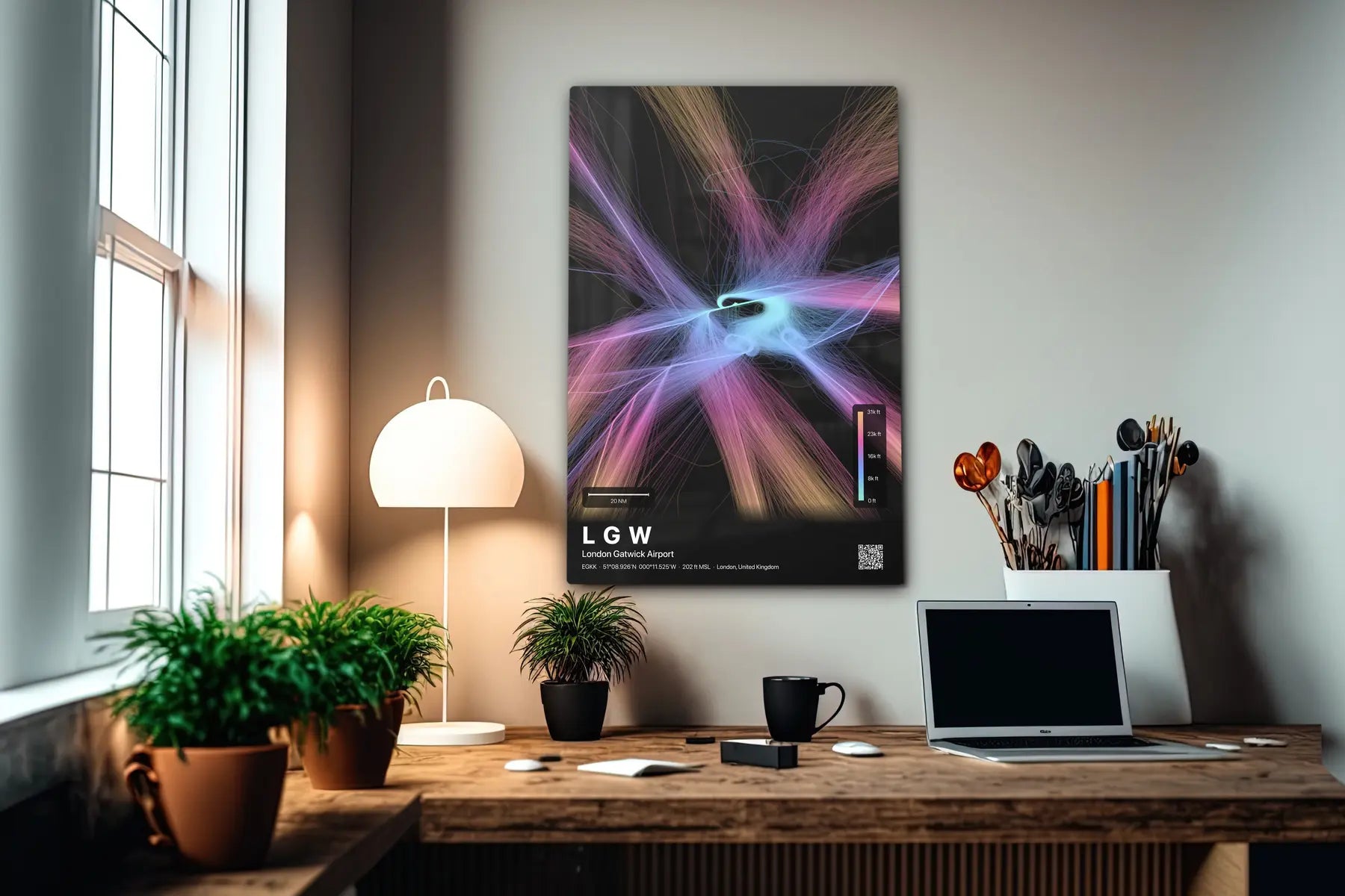 LGW flight path print — Aurora theme · Dark in office setting [hotspot:55]
