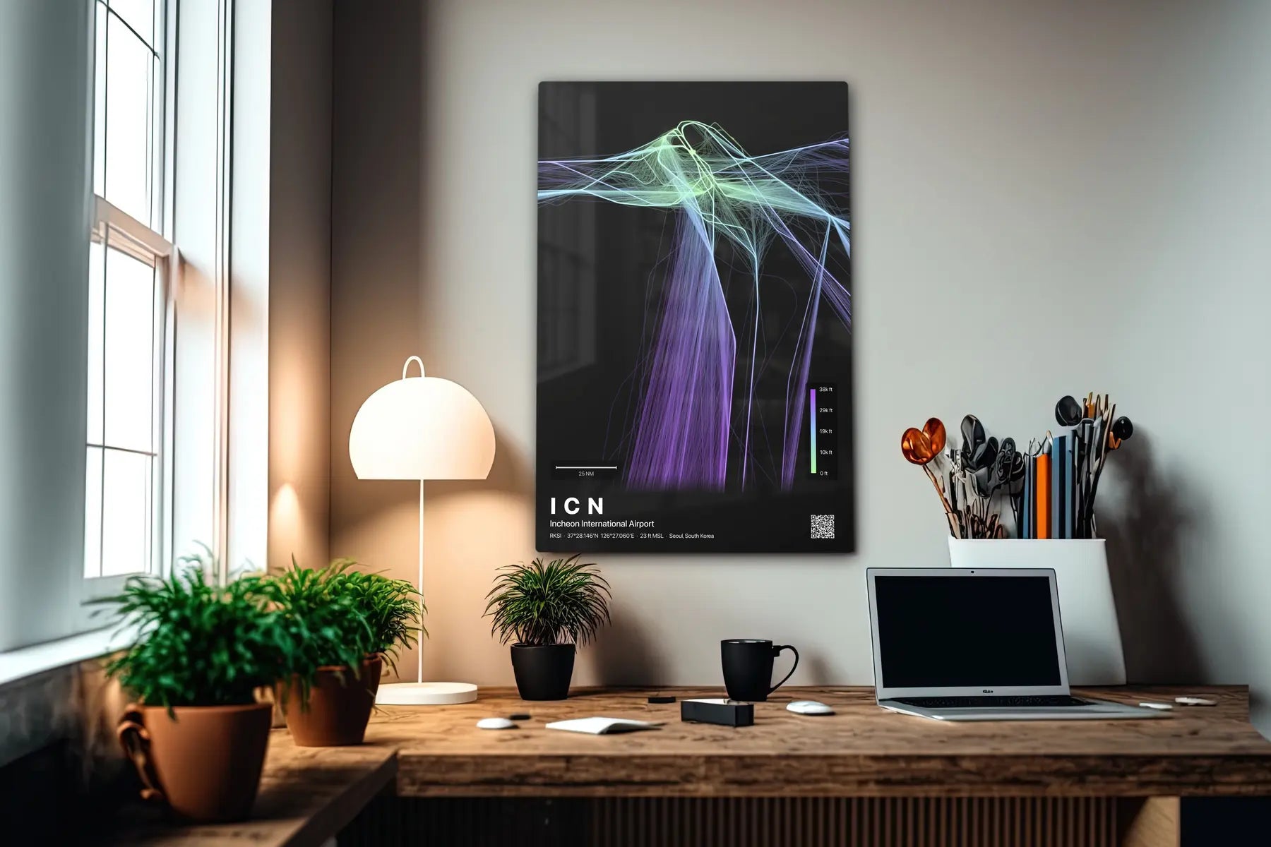 ICN flight path print — Prism theme · Dark in office setting [hotspot:55]