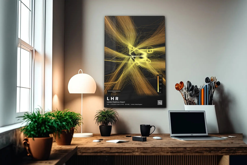 LHR flight path print — Solana theme · Dark in office setting [hotspot:55]