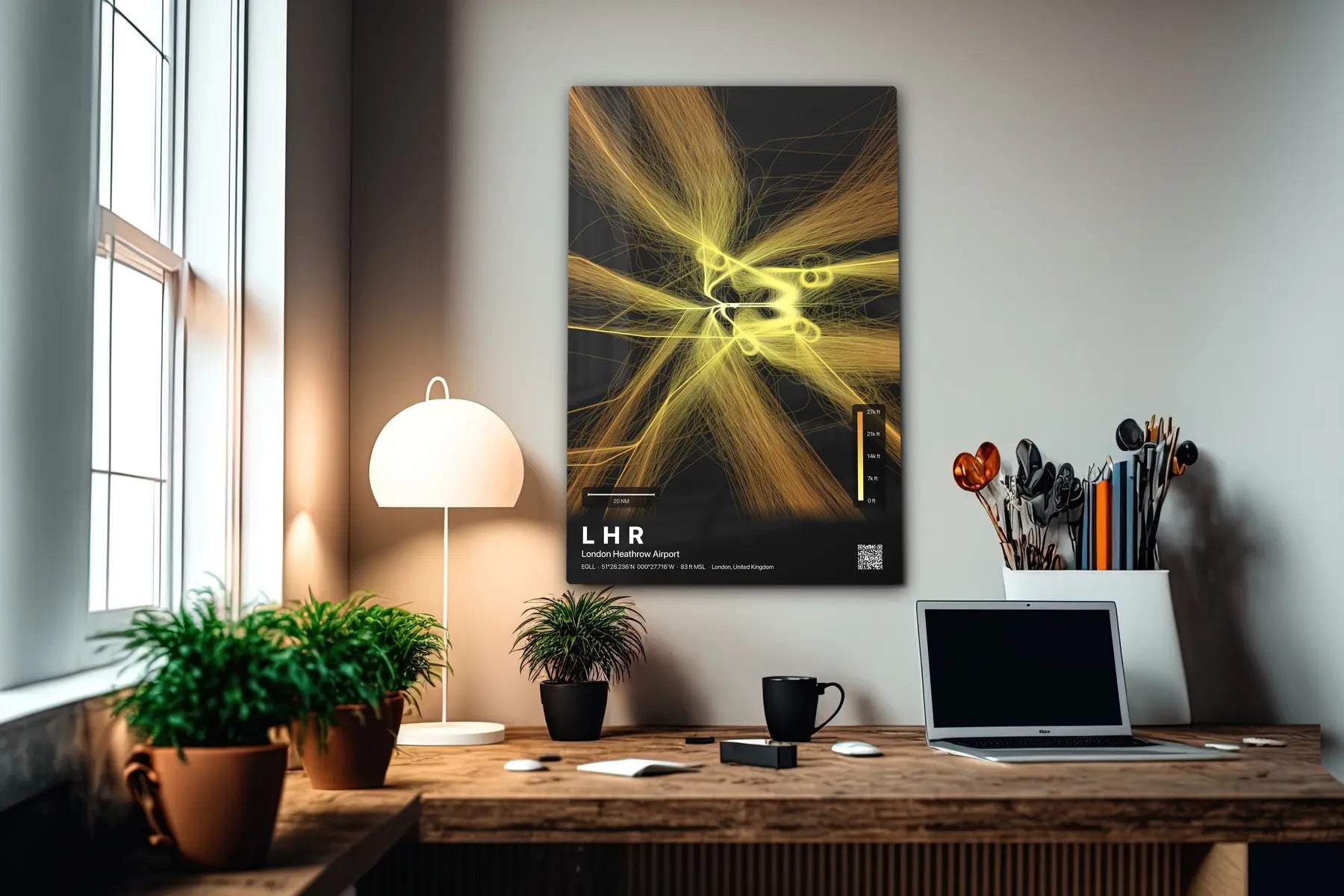 LHR flight path print — Solana theme · Dark in office setting [hotspot:55]
