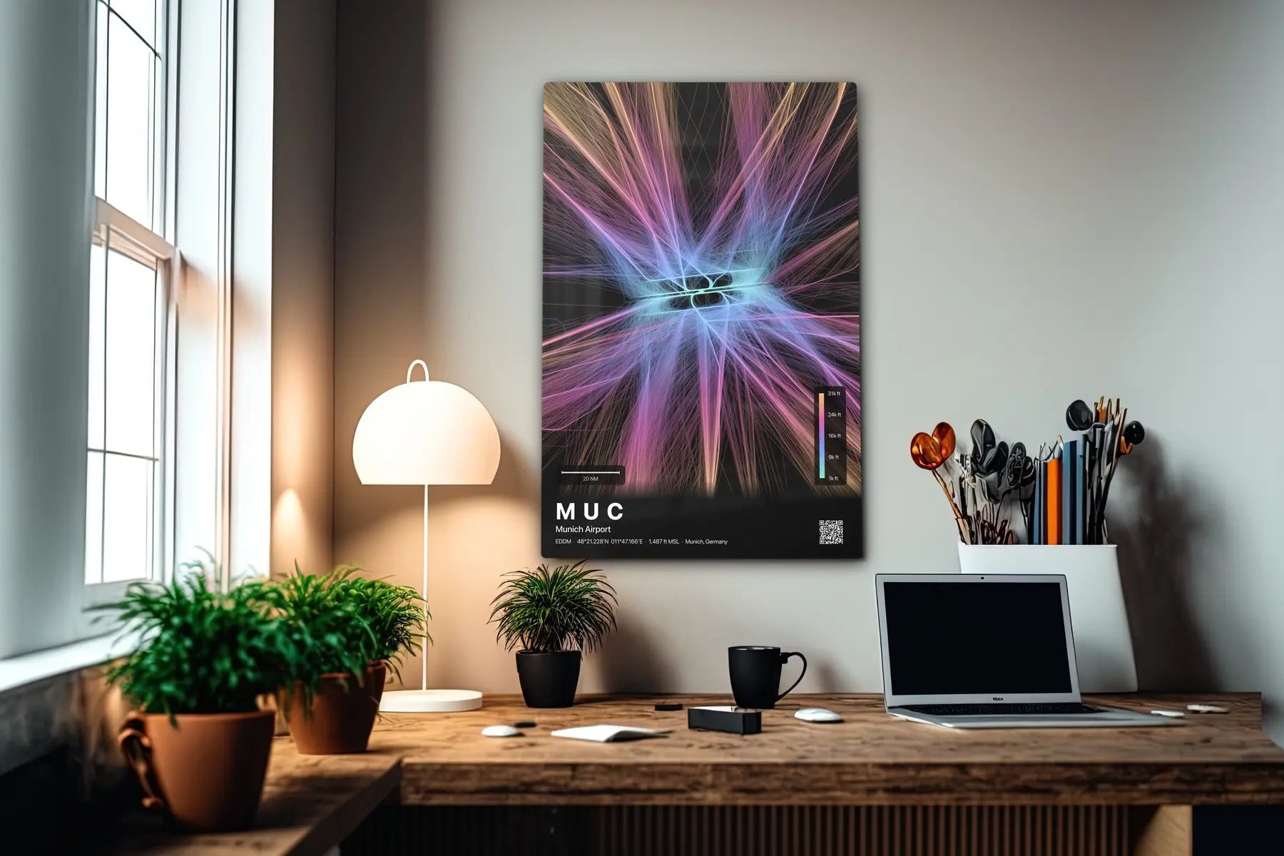 MUC flight path print — Aurora theme · Dark in office setting [hotspot:55]