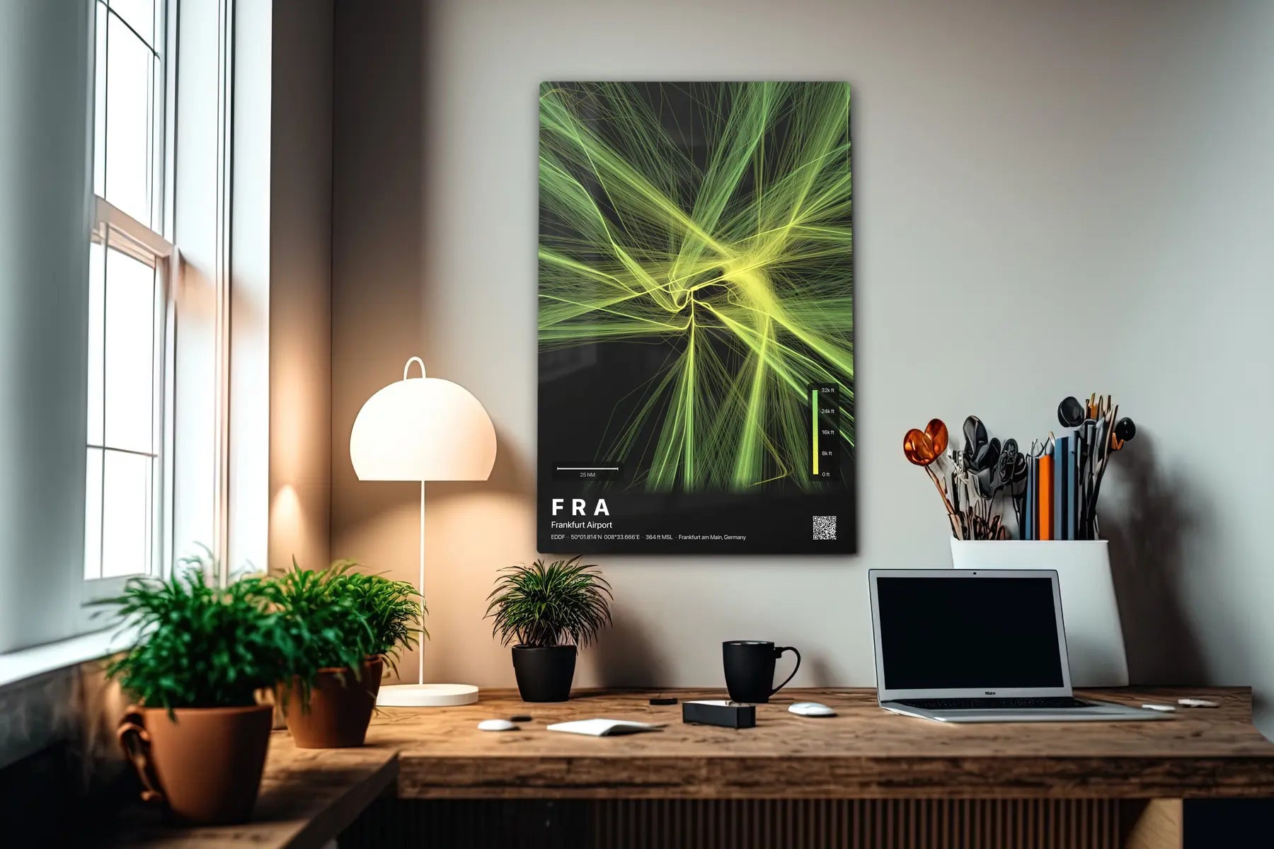 FRA flight path print — Citrus theme · Dark in office setting [hotspot:55]