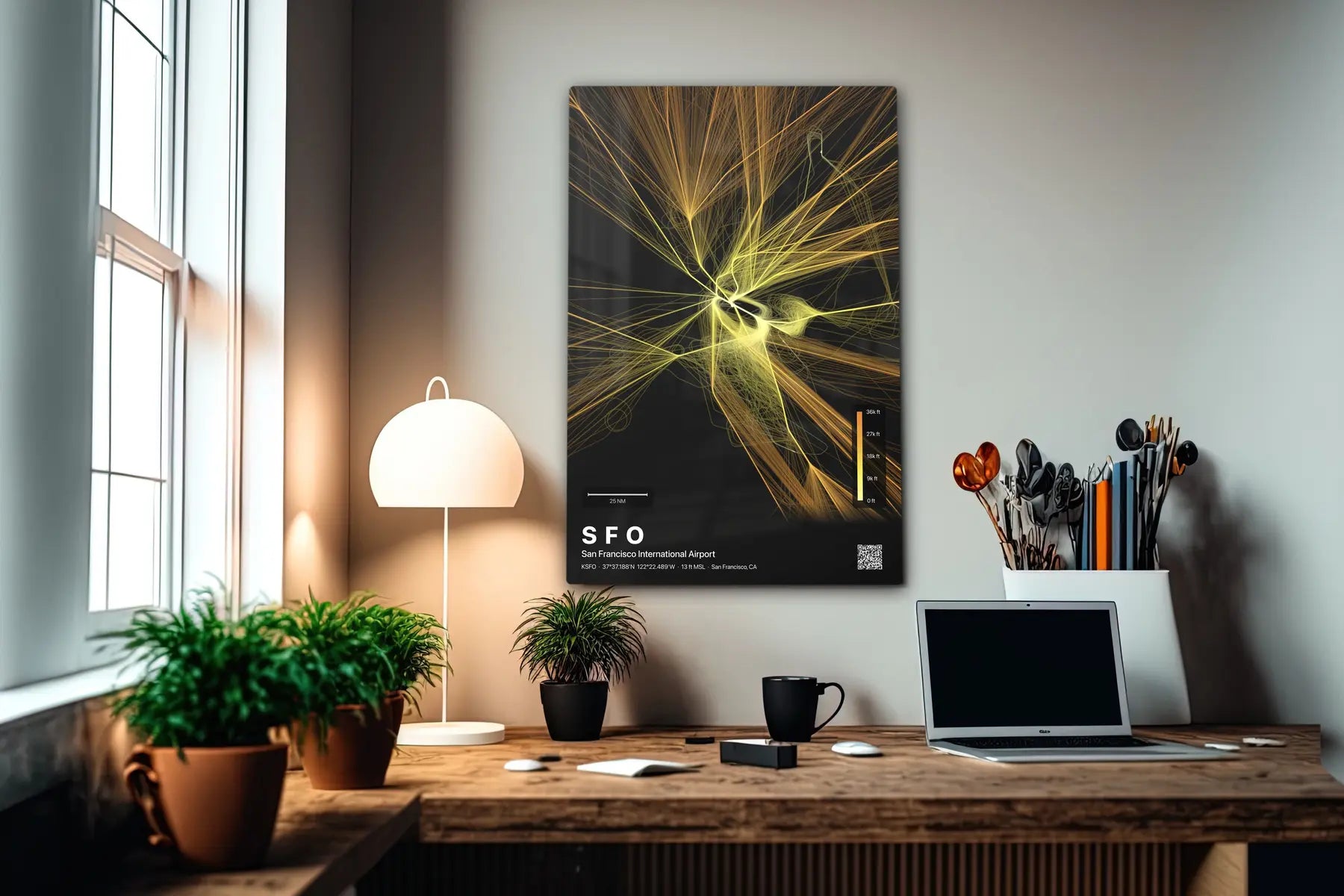 SFO flight path print — Solana theme · Dark in office setting [hotspot:55]