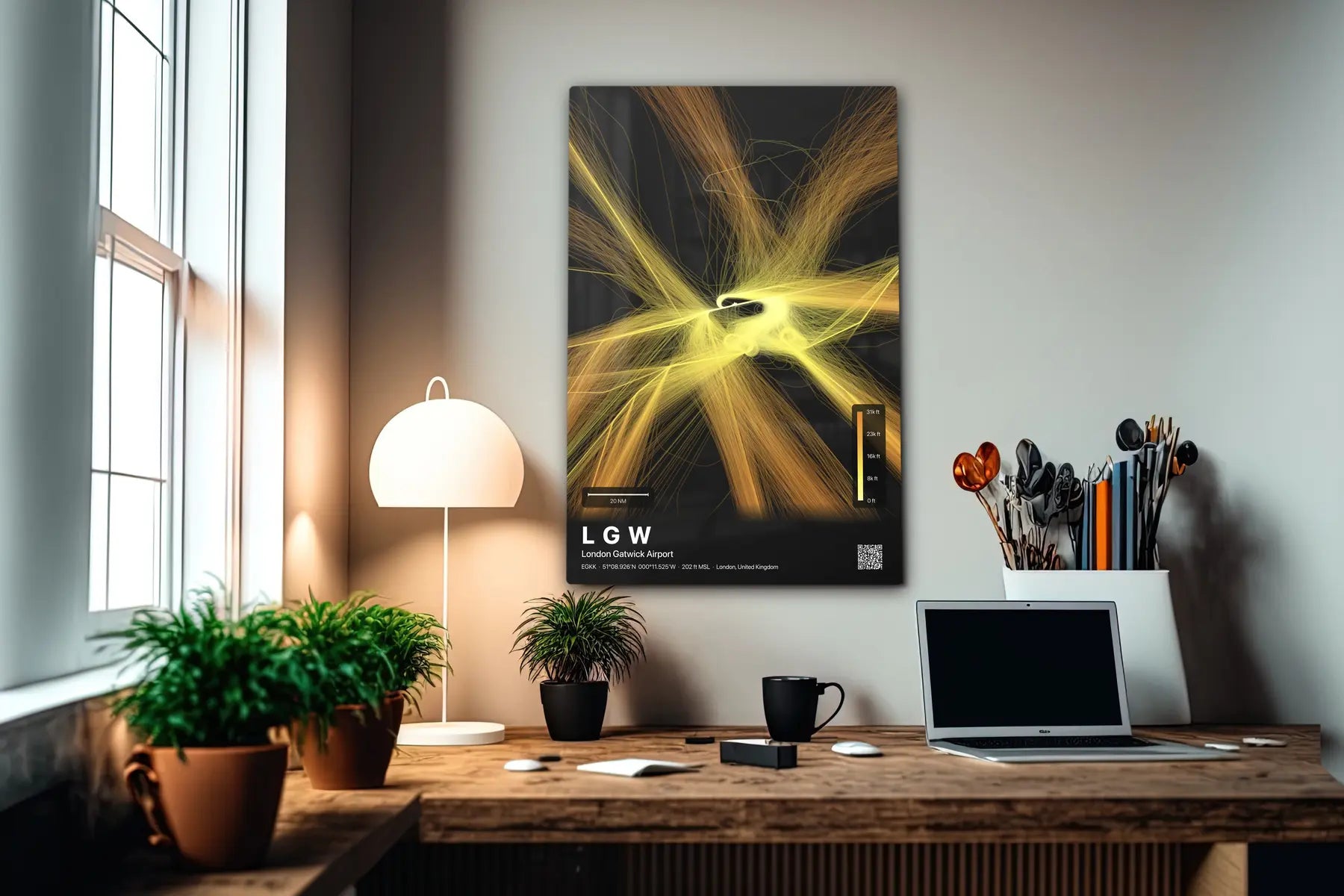 LGW flight path print — Solana theme · Dark in office setting [hotspot:55]