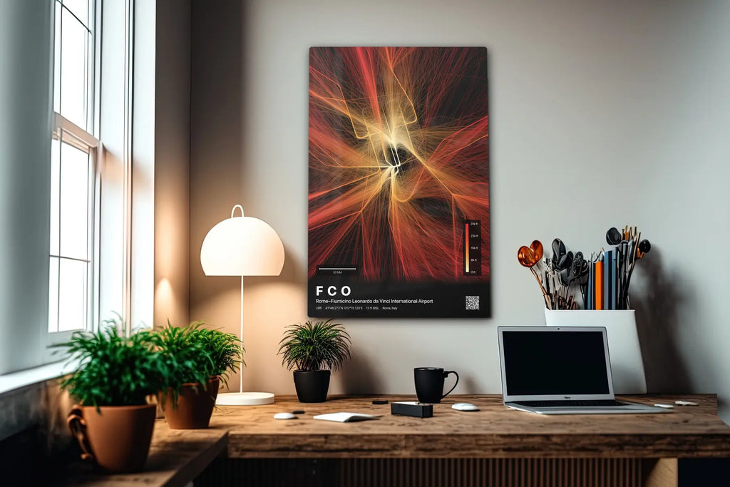 FCO flight path print — Inferno theme · Dark in office setting [hotspot:55]