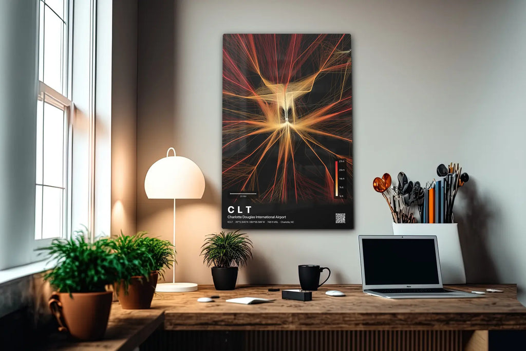 CLT flight path print — Inferno theme · Dark in office setting [hotspot:55]