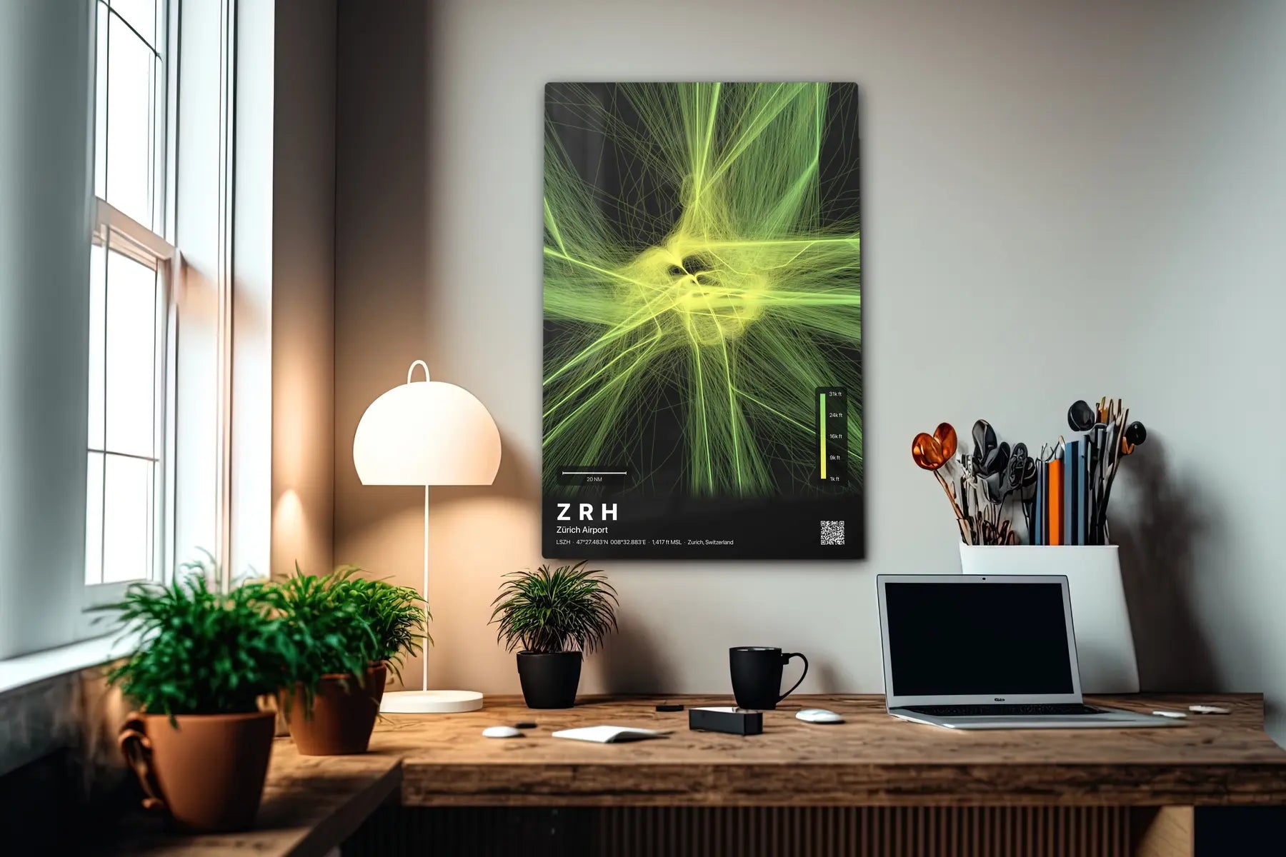 ZRH flight path print — Citrus theme · Dark in office setting [hotspot:55]