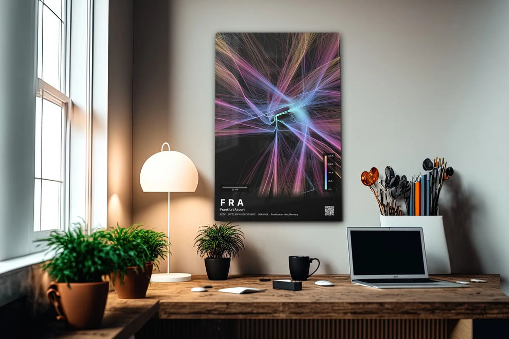 FRA flight path print — Aurora theme · Dark in office setting [hotspot:55]