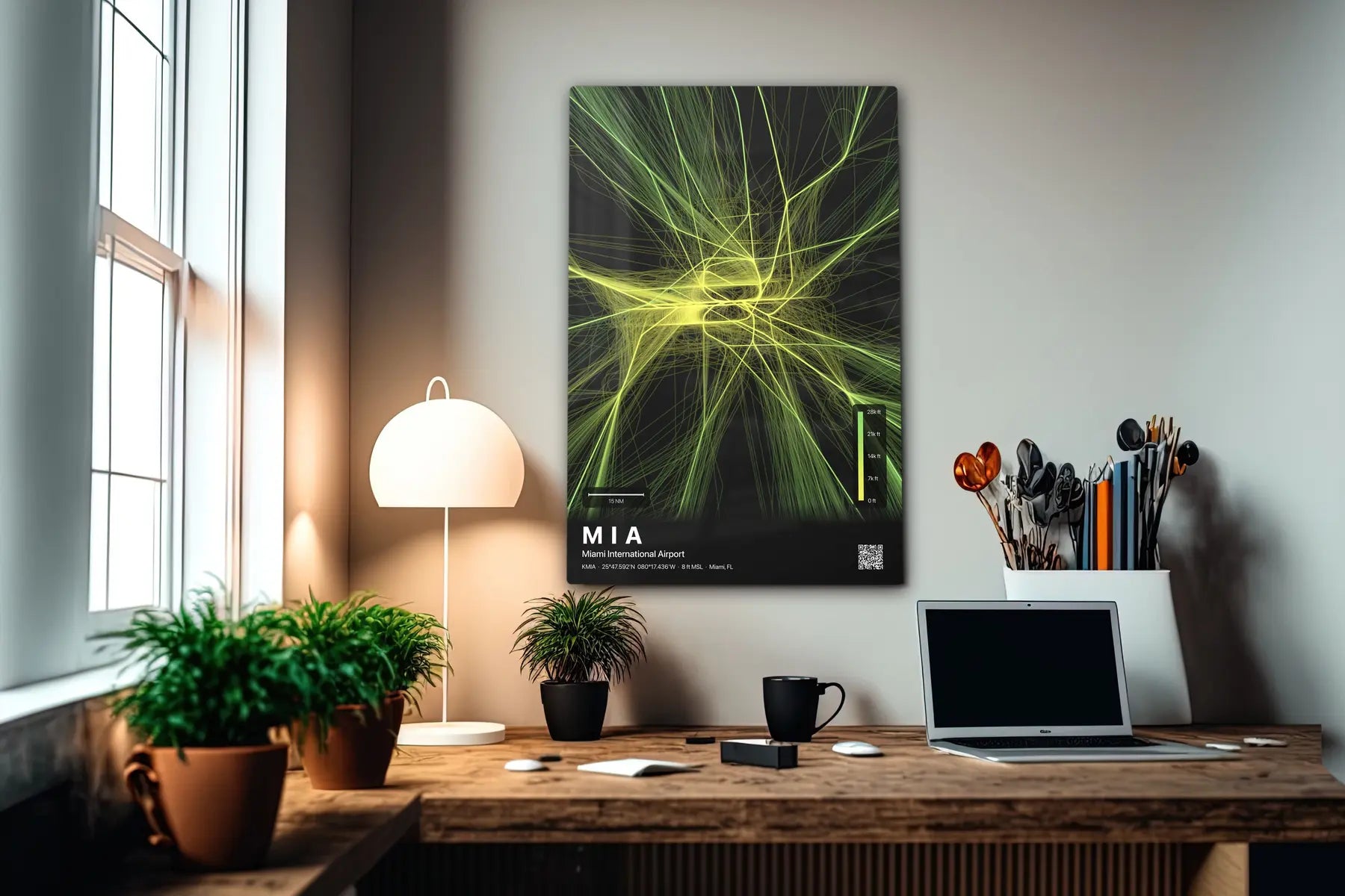 MIA flight path print — Citrus theme · Dark in office setting [hotspot:55]