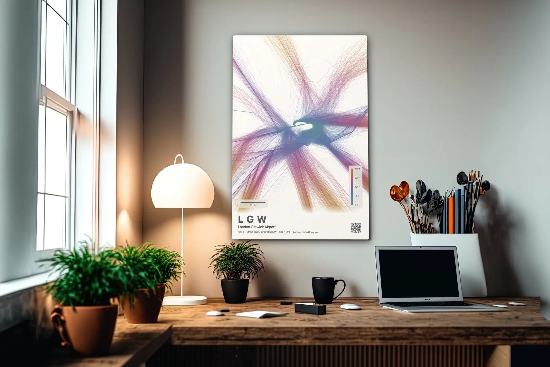 LGW flight path print — Aurora theme · Light in office setting [hotspot:55]