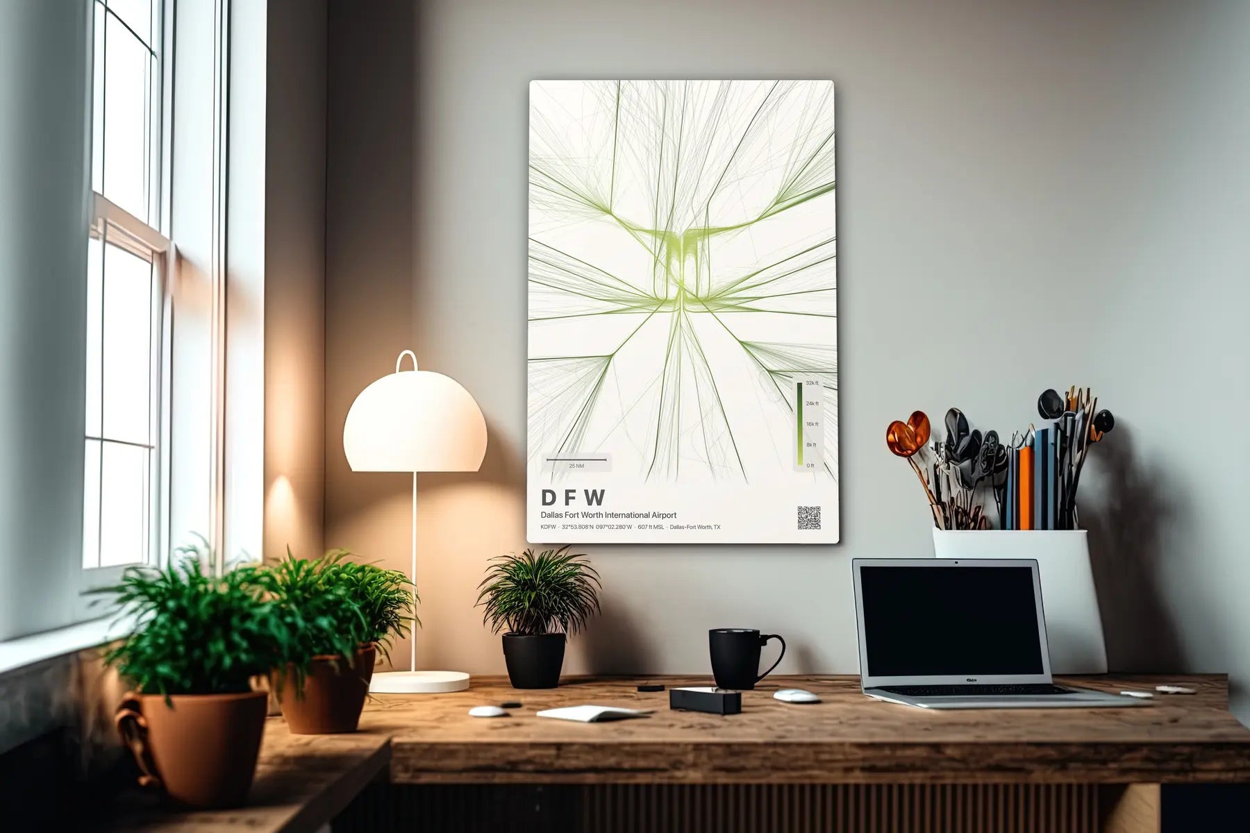 DFW flight path print — Citrus theme · Light in office setting [hotspot:55]