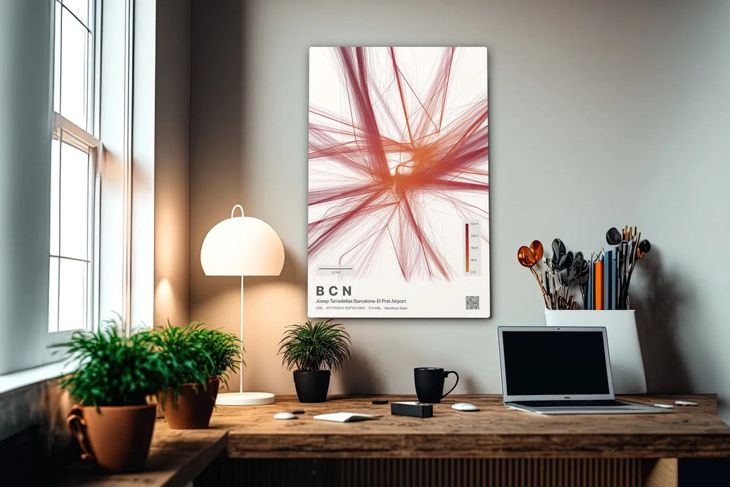 BCN flight path print — Inferno theme · Light in office setting [hotspot:55]