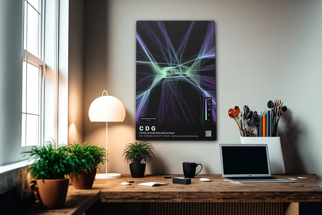 CDG flight path print — Prism theme · Dark in office setting [hotspot:55]