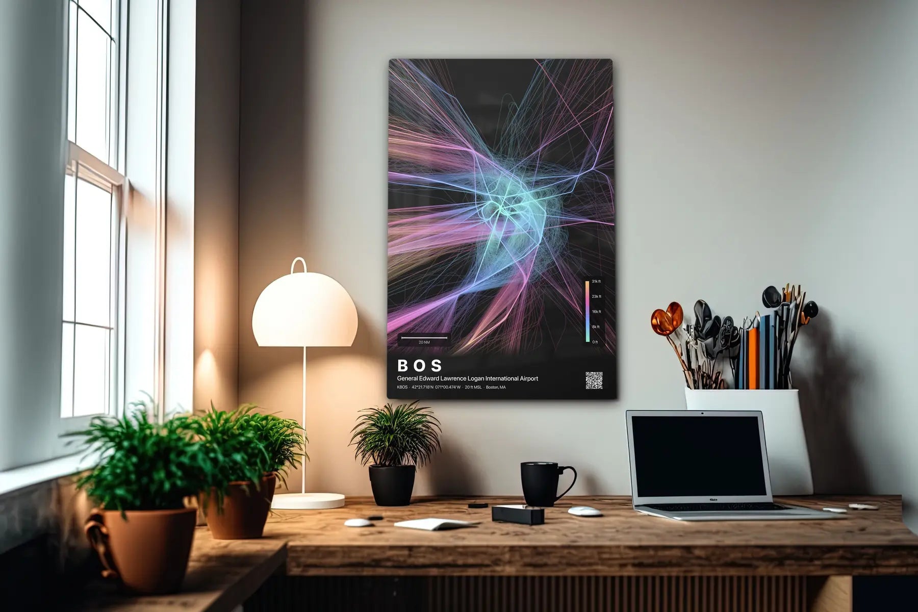 BOS flight path print — Aurora theme · Dark in office setting [hotspot:55]