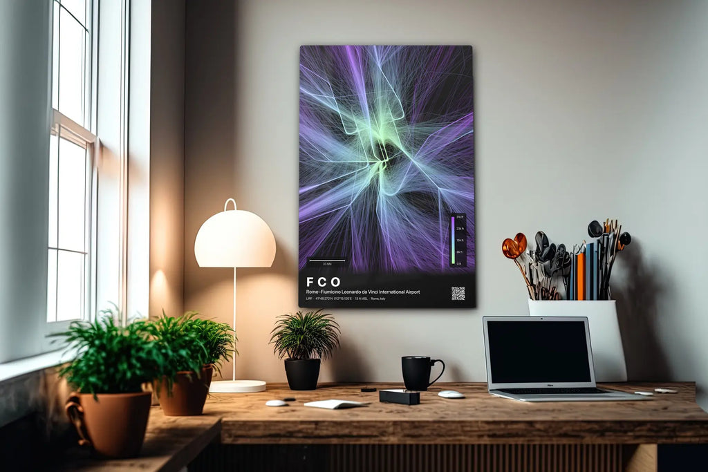 FCO flight path print — Prism theme · Dark in office setting [hotspot:55]