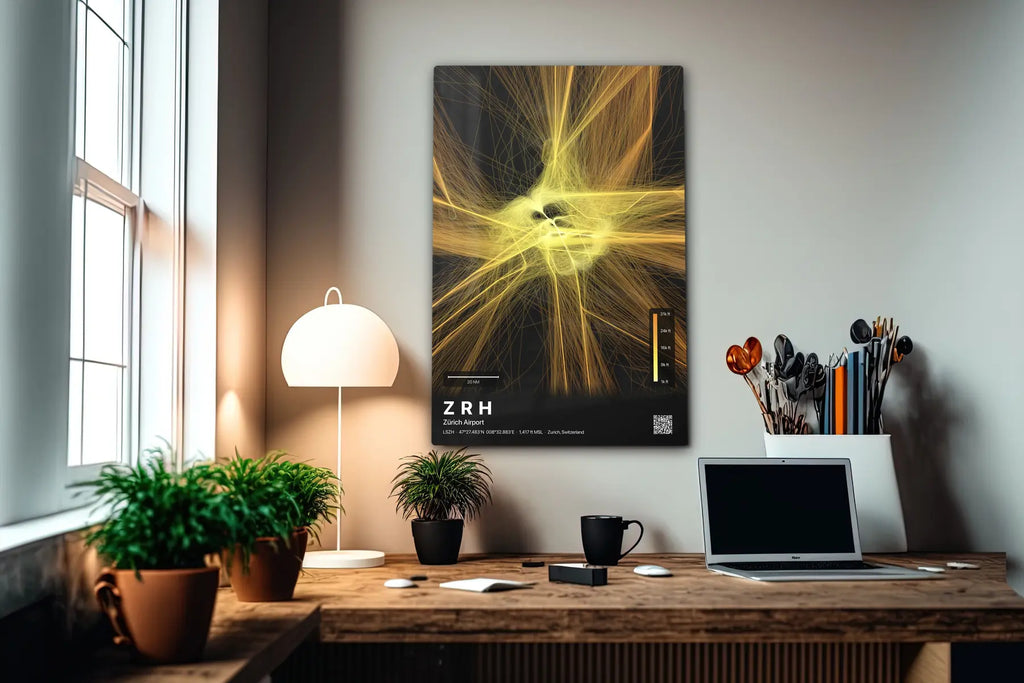 ZRH flight path print — Solana theme · Dark in office setting [hotspot:55]