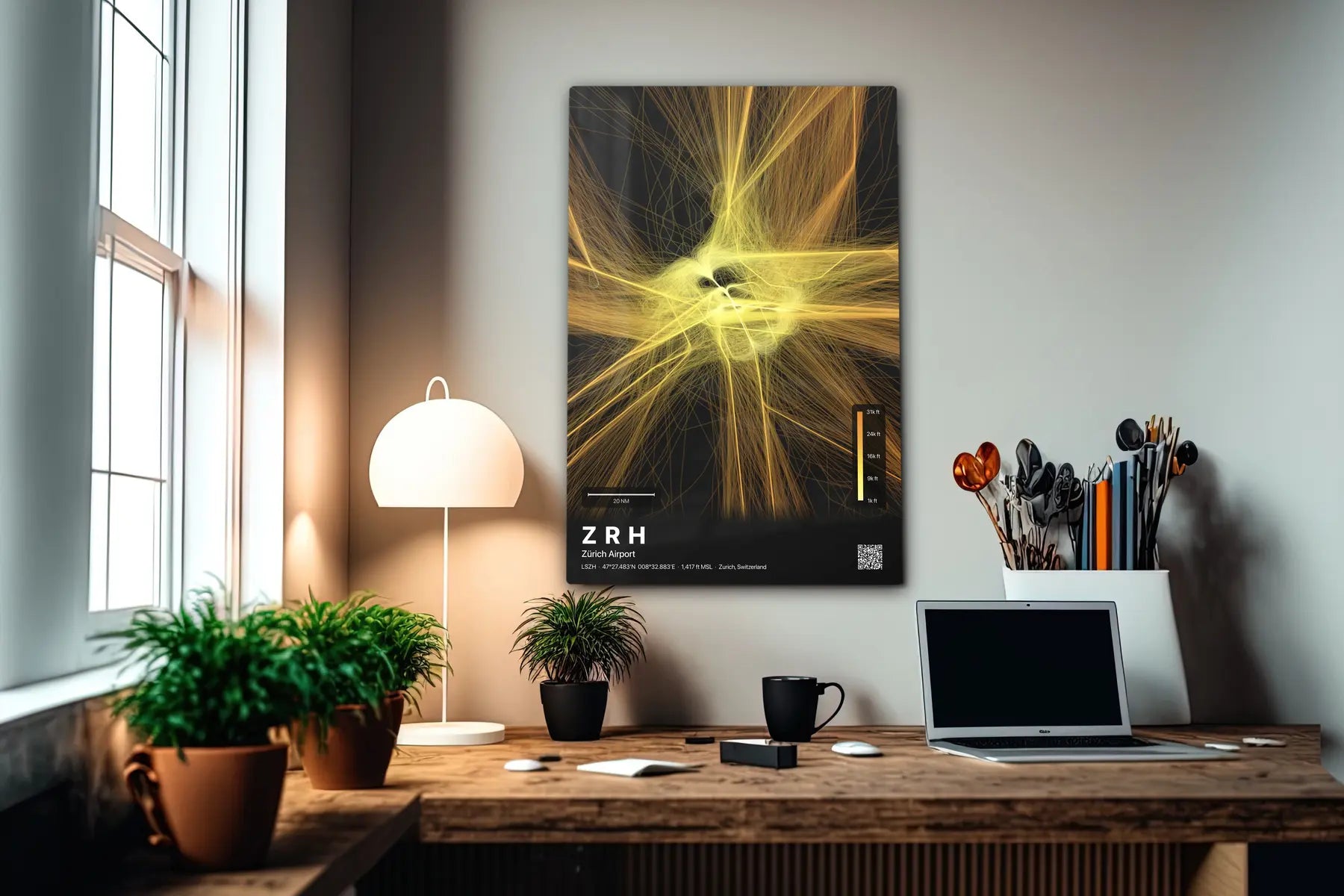 ZRH flight path print — Solana theme · Dark in office setting [hotspot:55]