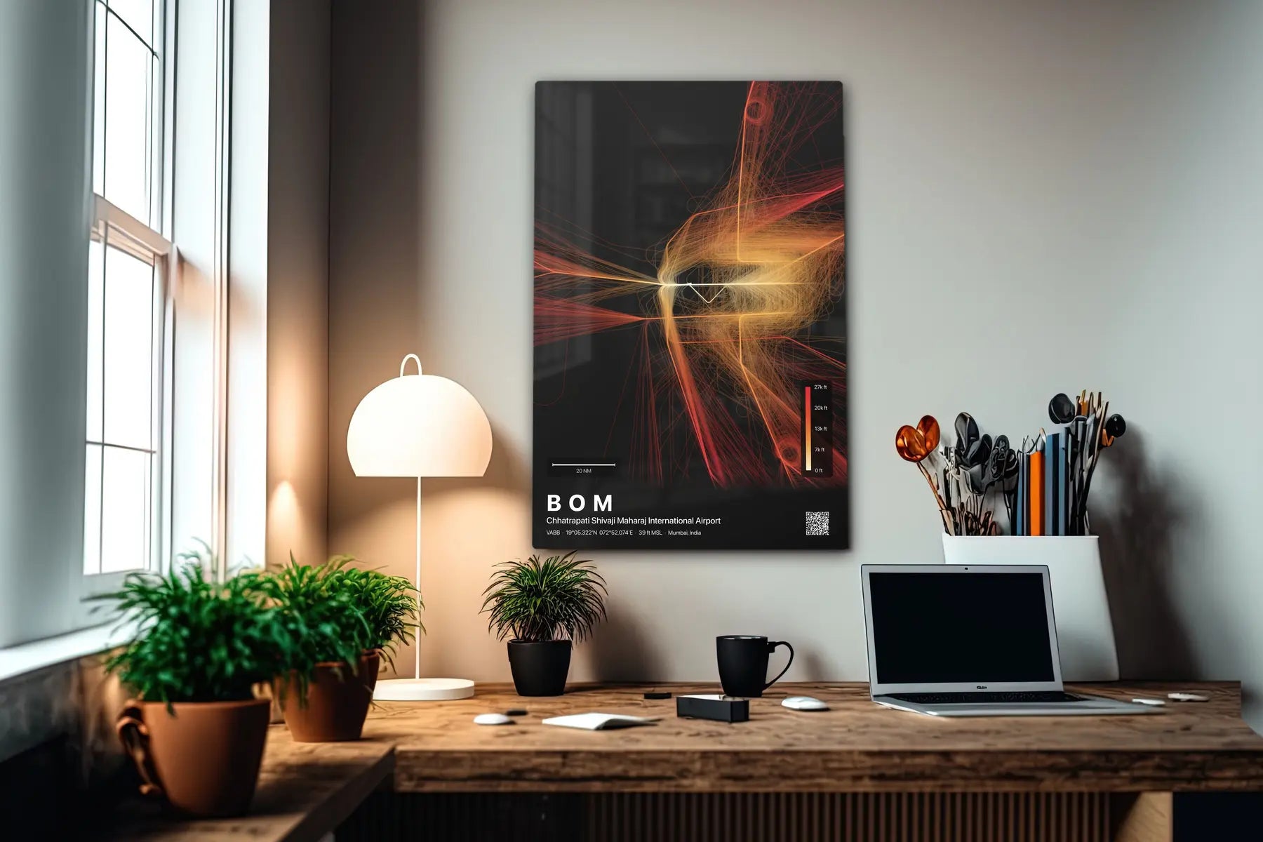 BOM flight path print — Inferno theme · Dark in office setting [hotspot:55]