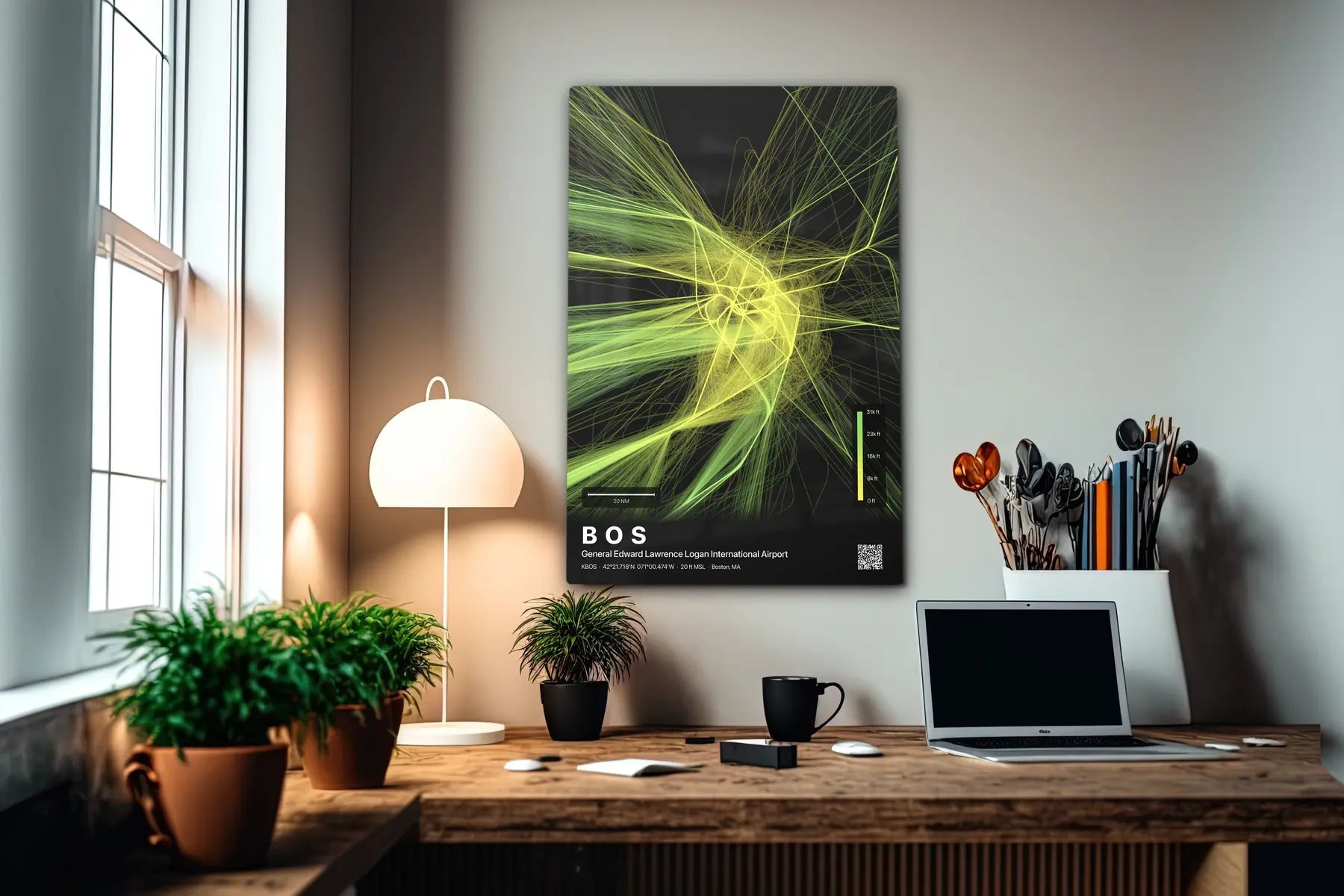 BOS flight path print — Citrus theme · Dark in office setting [hotspot:55]