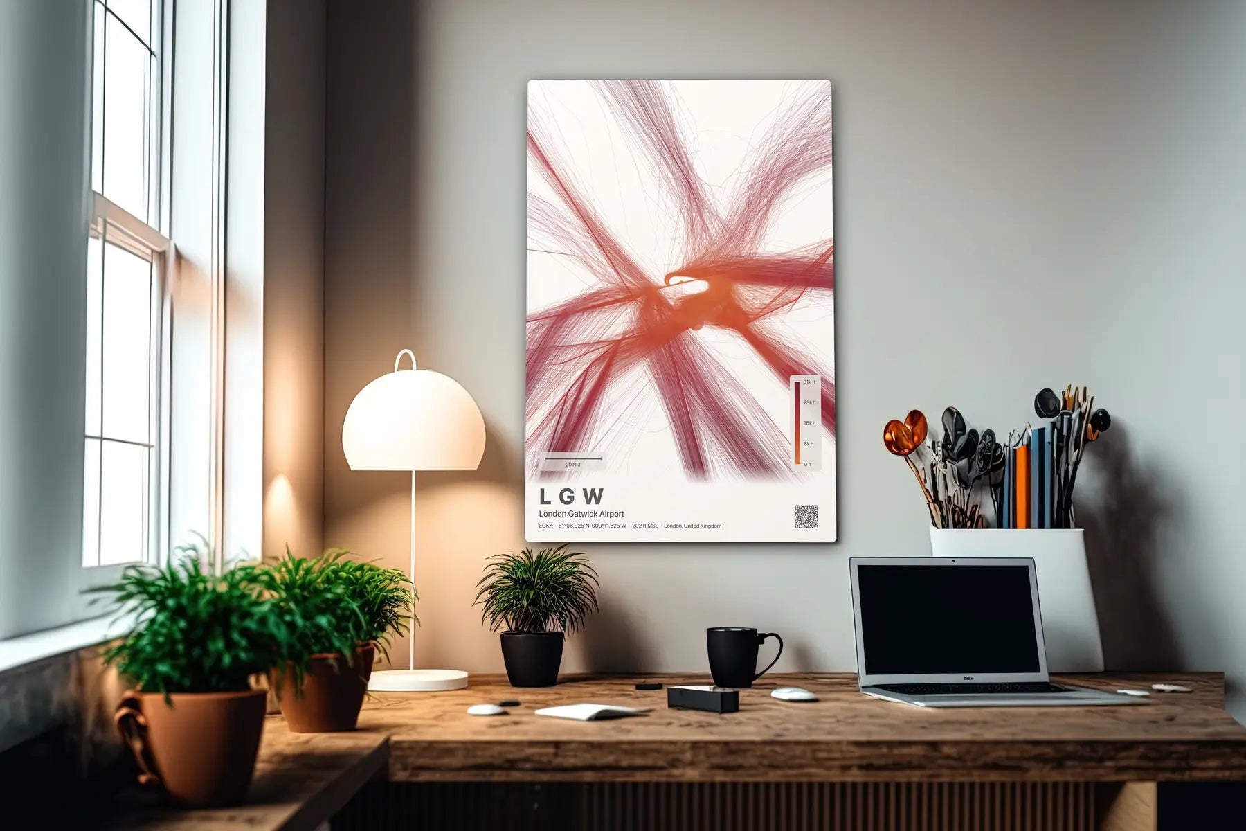 LGW flight path print — Inferno theme · Light in office setting [hotspot:55]