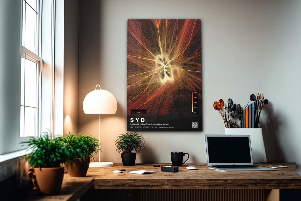 SYD flight path print — Inferno theme · Dark in office setting [hotspot:55]
