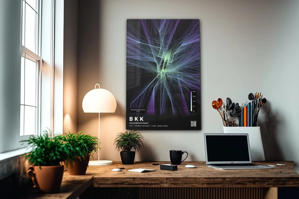BKK flight path print — Prism theme · Dark in office setting [hotspot:55]
