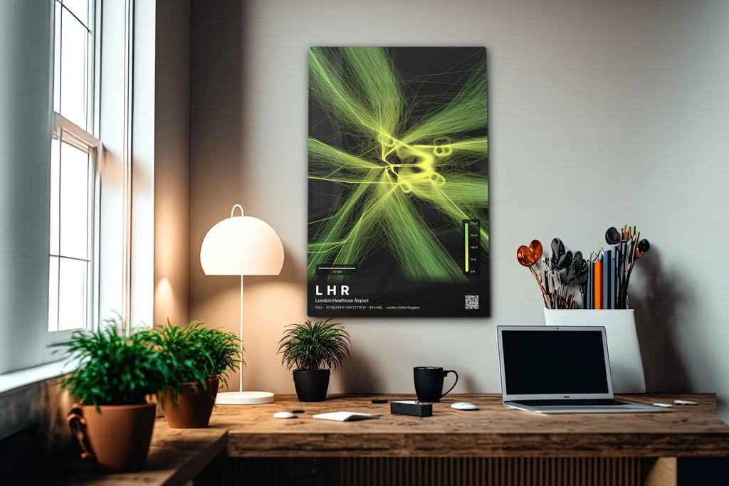 LHR flight path print — Citrus theme · Dark in office setting [hotspot:55]