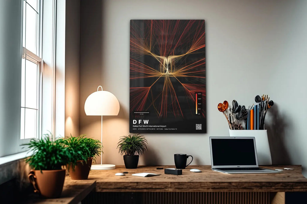 DFW flight path print — Inferno theme · Dark in office setting [hotspot:55]