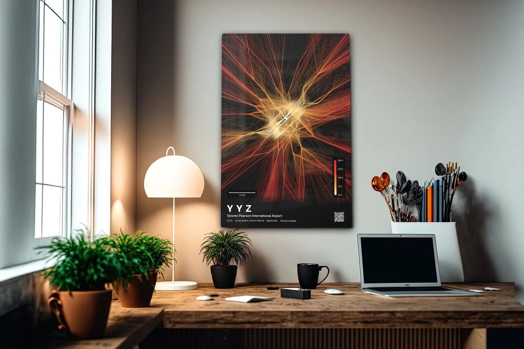 YYZ flight path print — Inferno theme · Dark in office setting [hotspot:55]