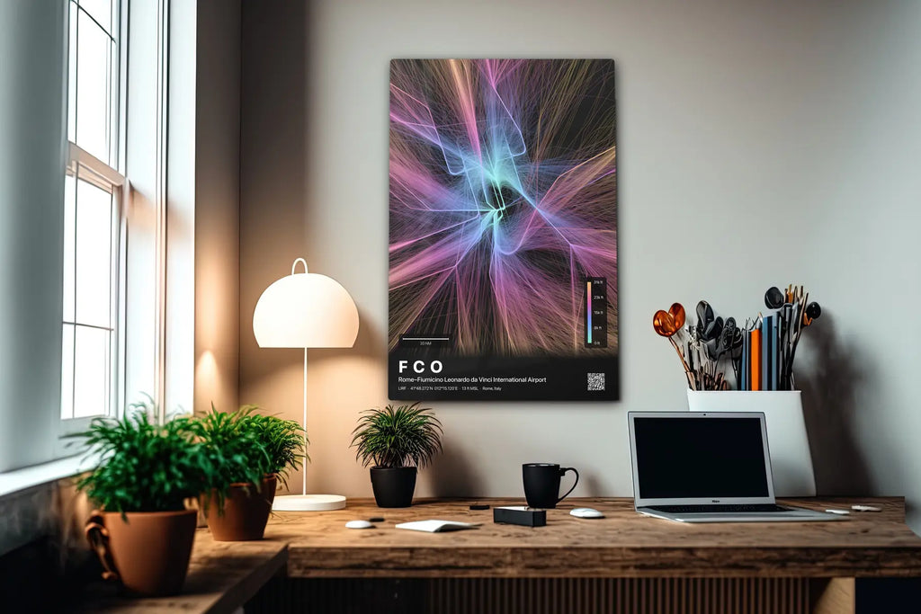 FCO flight path print — Aurora theme · Dark in office setting [hotspot:55]