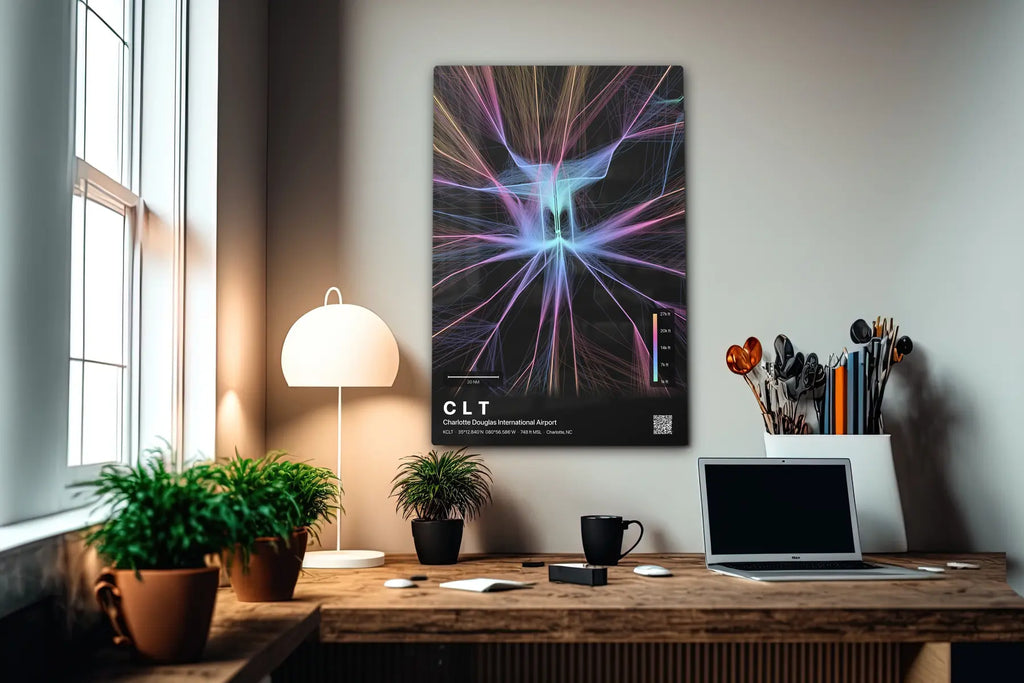 CLT flight path print — Aurora theme · Dark in office setting [hotspot:55]